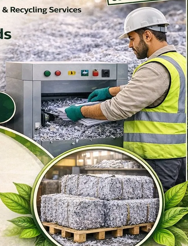 Industrial shredding equipment and operator shown in the Klean Waste flyer